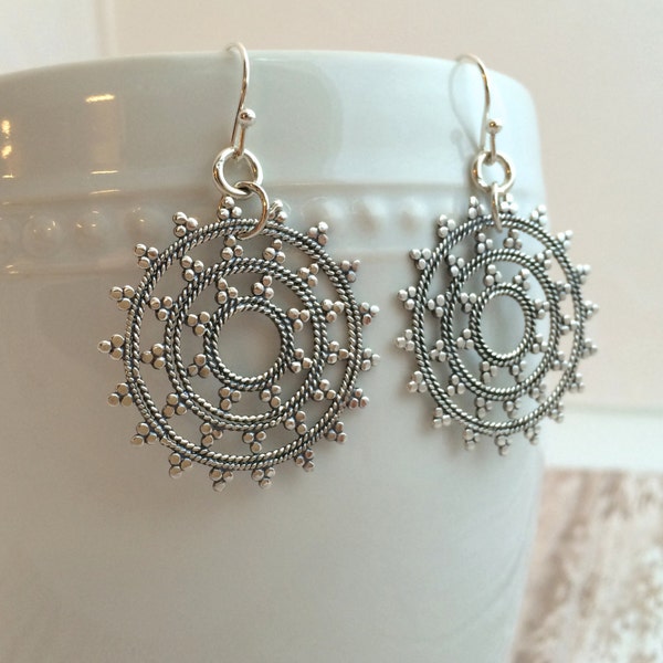 Sterling Silver Medium Snowflake Mandala Earrings. Medium Boho Earrings