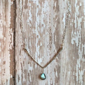 Silver Hammered Bar Necklace with Labradorite Drop
