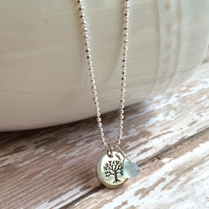 Small Tree of Life with Aqua Chalcedony Dangle on 16&quot; Diamond Cut Bead Chain