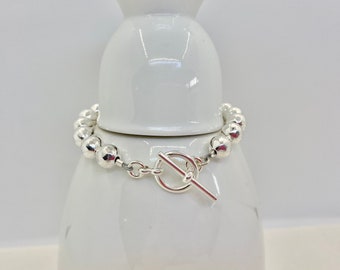 Hammered Sterling Silver Bead Bracelet | 8 mm | Toggle Clasp