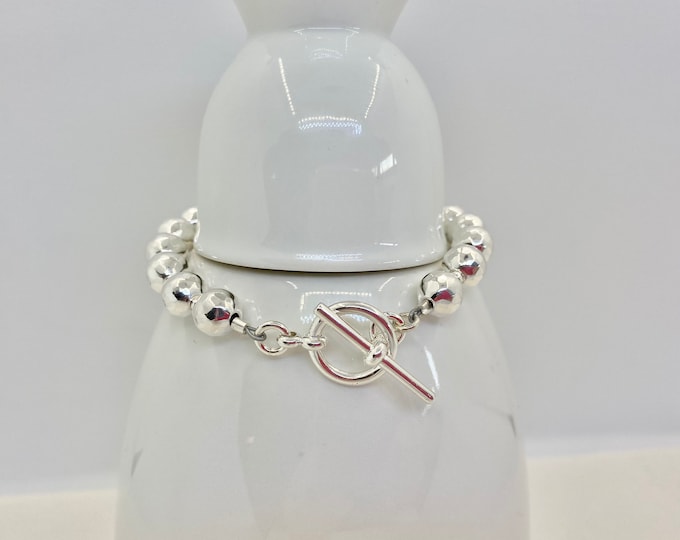 Hammered Sterling Silver Bead Bracelet | 8 mm | Toggle Clasp