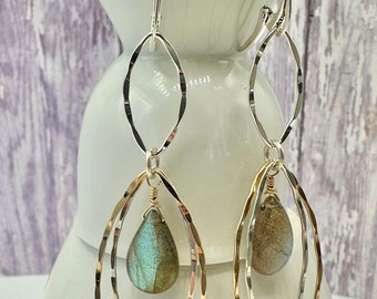 3” Labradorite Marquis Earrings| Satin Gold and Sterling Silver Leverbacks