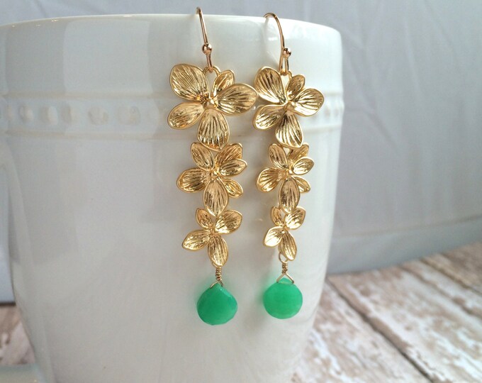 Green and Gold Gemstone Dangle Earrings--Gold Flowers with Green Chrysophrase Gems