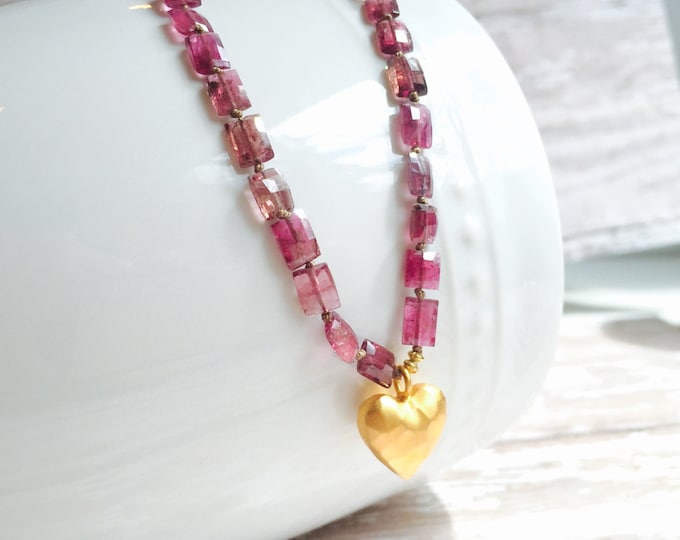 Pink Tourmaline and Vermeil Gold Heart Necklace--Perfect for Valentine's Day  October Birthstone Necklace