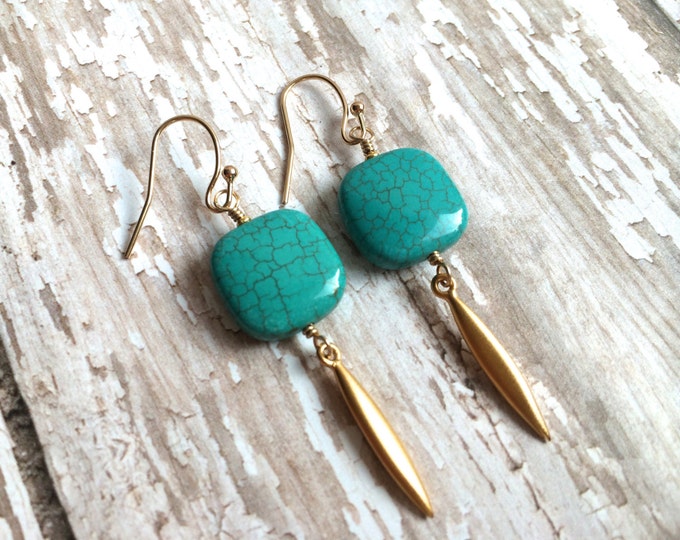 Turquoise and Gold Spike Dangle Earrings