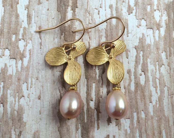 Soft Pink Freshwater Pearl Dangle Earrings on Golden Flowers--Perfect for Braidesmaids