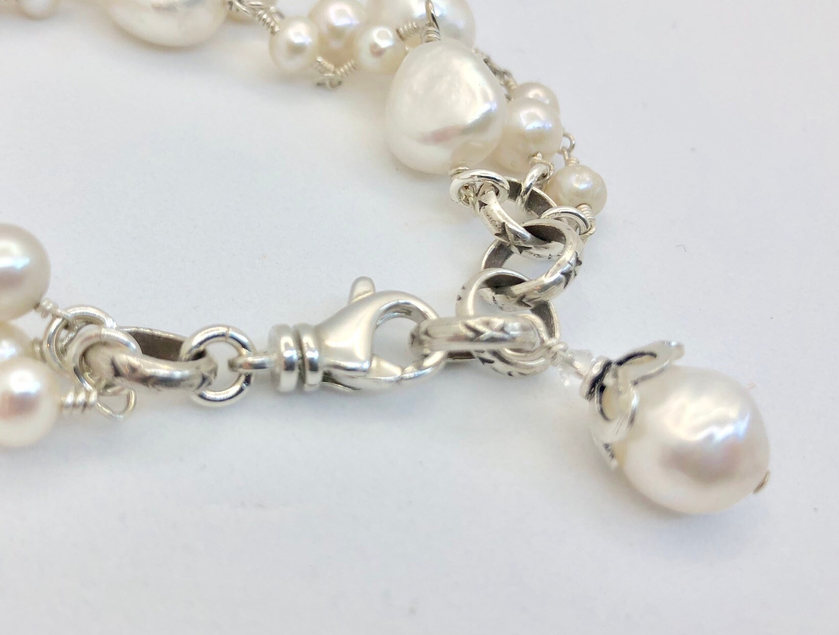 Chunky Pearl Bracelet--Wire Wrapped White Pearls