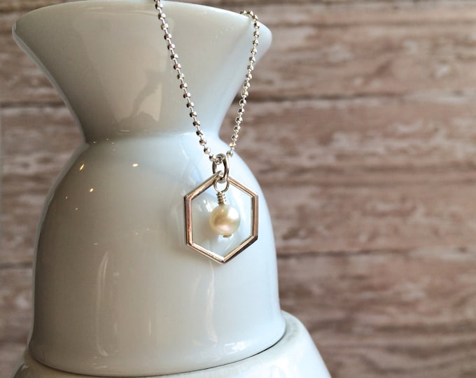 Silver Honeycomb Charm Necklace with Pearl--Silver Hexagon