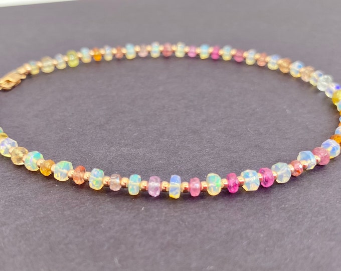 Opal and Rainbow Sapphire Anklet 10” | October Birthstone | Rose Gold