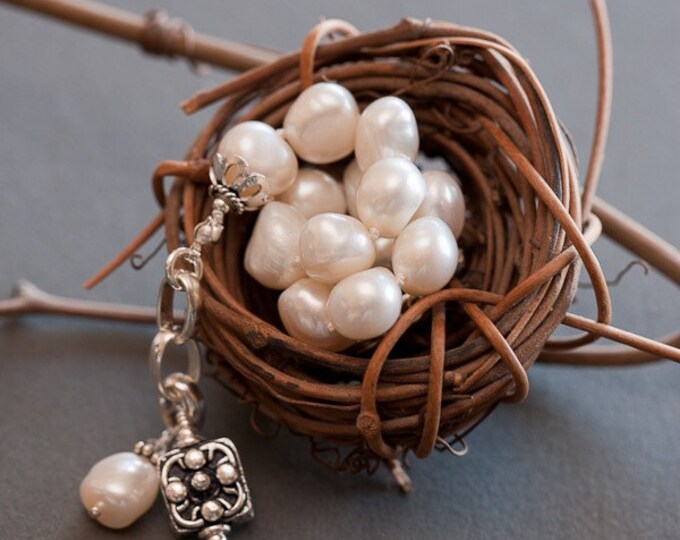 White Pearl Bracelet--Hand knotted Irregular Pearls with charms  10-11 mm Size
