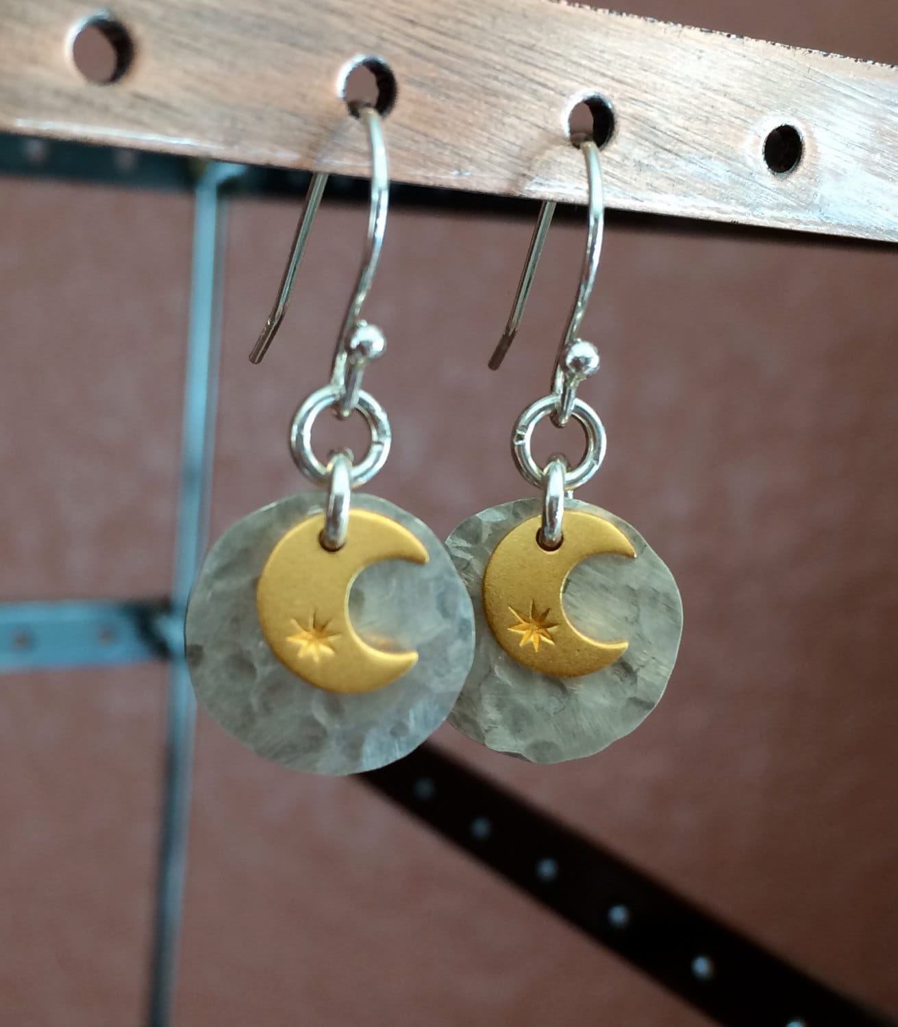 Sun and Moon Dangle Earrings, Silver and Gold Mixed Metals