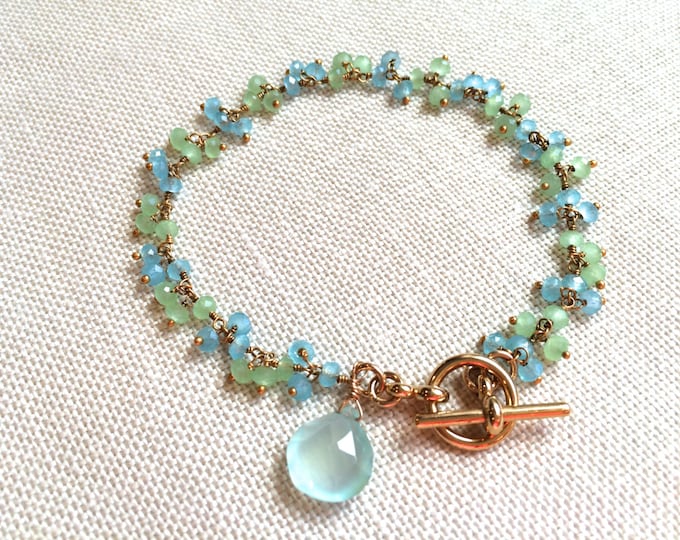 Mint and Aqua Wire Wrapped Gold Bracelet.  Blue and Green Chalcedony Dangle Bracelet