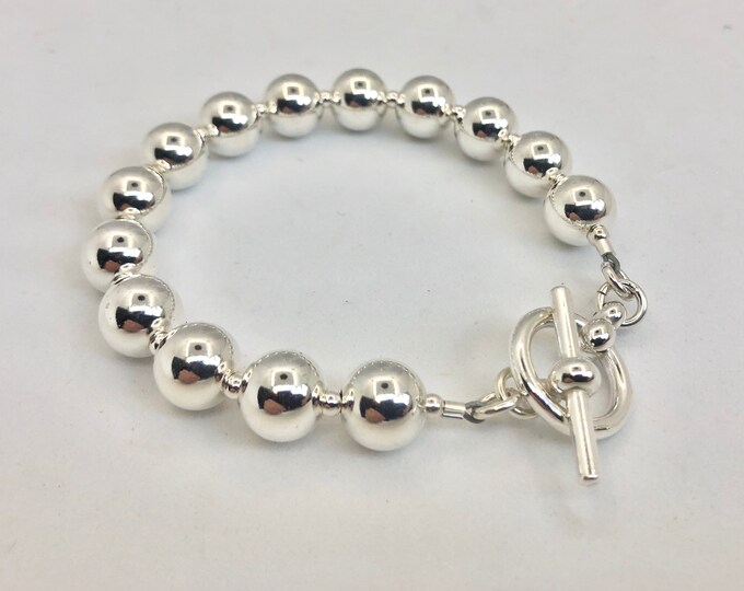 Solid Sterling Silver Bead Bracelet --10 mm round