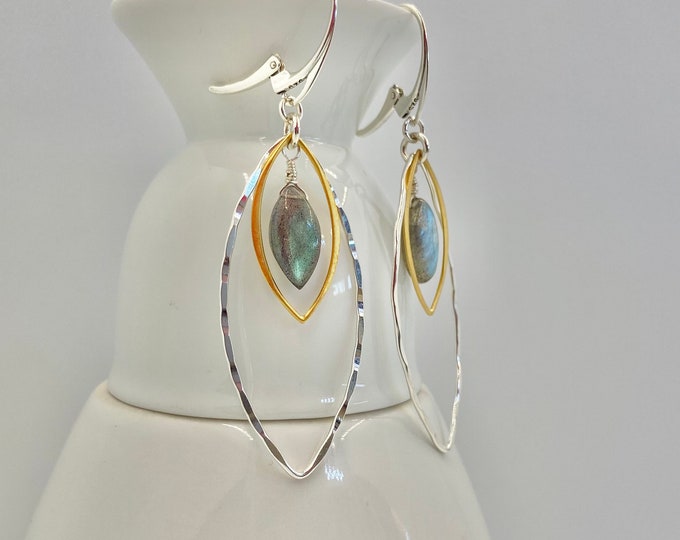 Marquis Hoop Earrings | Mixed Metal Earrings | Gold, Silver and Labradorite
