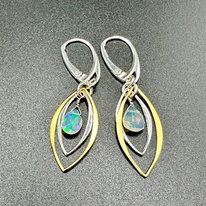 Opal Marquis Earrings October Birthstone | Satin Gold and Sterling Silver Leverbacks