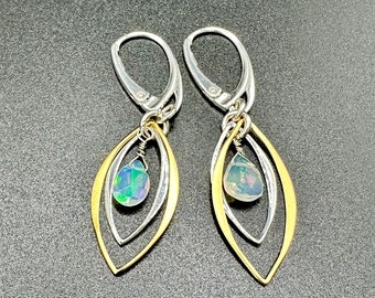 Opal Marquis Earrings October Birthstone | Satin Gold and Sterling Silver Leverbacks