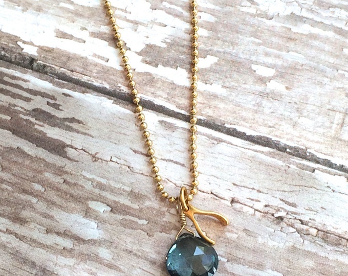 London Blue Topaz and Gold Wishbone Necklace | Graduation Gift | Good Luck Necklace