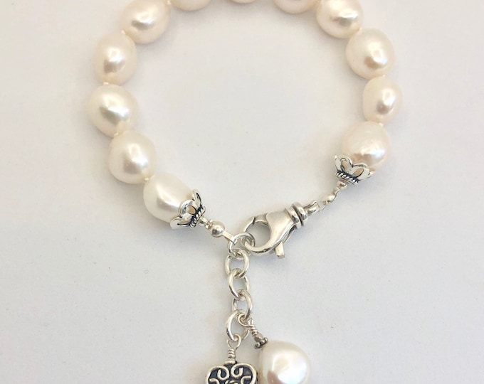 White Freshwater Pearl Bracelet--Hand knotted Irregular Pearls with charms  11-12 mm Size