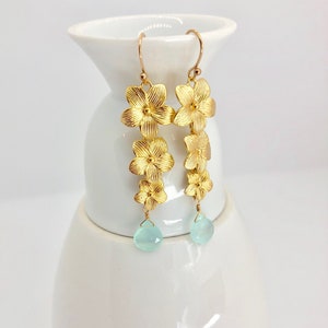 Aqua Chalcedony and Gold Floral Earrings