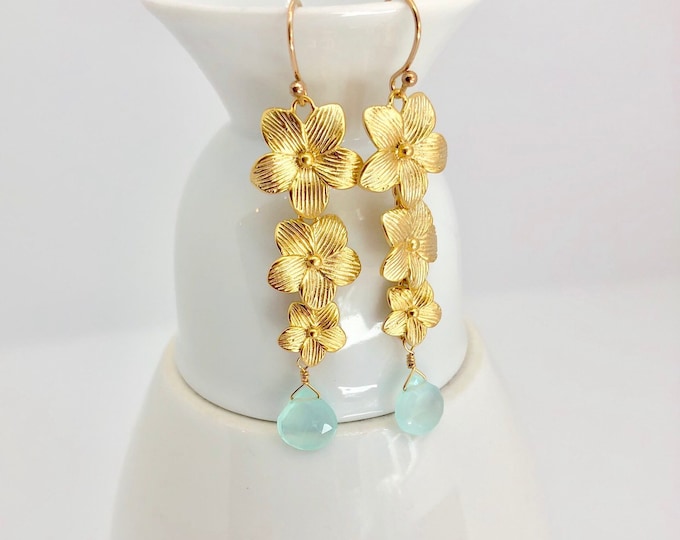 Aqua Chalcedony and Gold Floral Earrings