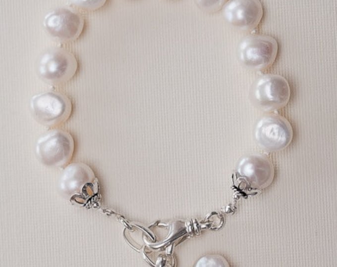 White Pearl Bracelet--Hand knotted Irregular Pearls with charms  10-11 mm Size