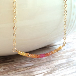 Pink Sapphire Necklace on Gold--  Sparkling Pink, Orange and Yellow Gemstones Perfect for Layering