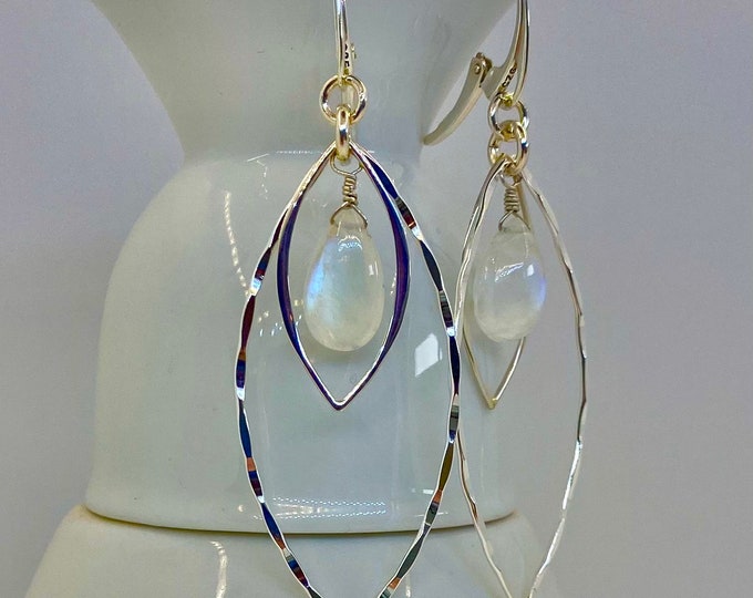 Large Moonstone and Silver Marquis Earrings