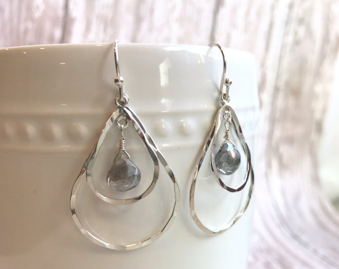 Silver and Labradorite Teardrop Dangle Earrings