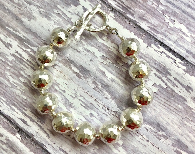 Round Hammered Silver Bead Bracelet