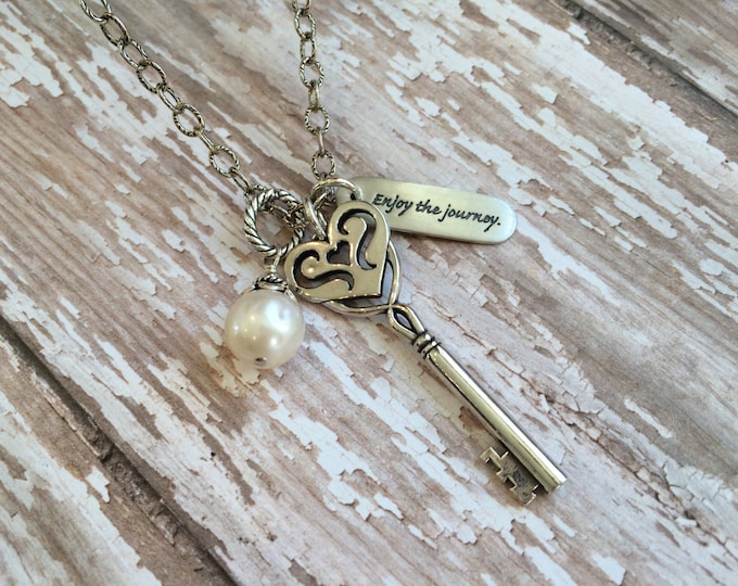 Silver Key Pendant Necklace--Long Oxidized Silver Chain with Pearl and Silver Charms