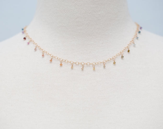 Tiny Multi-Colored Sapphire Gemstone Necklace, 16" Gold Necklace with Dangles--Perfect for Layering