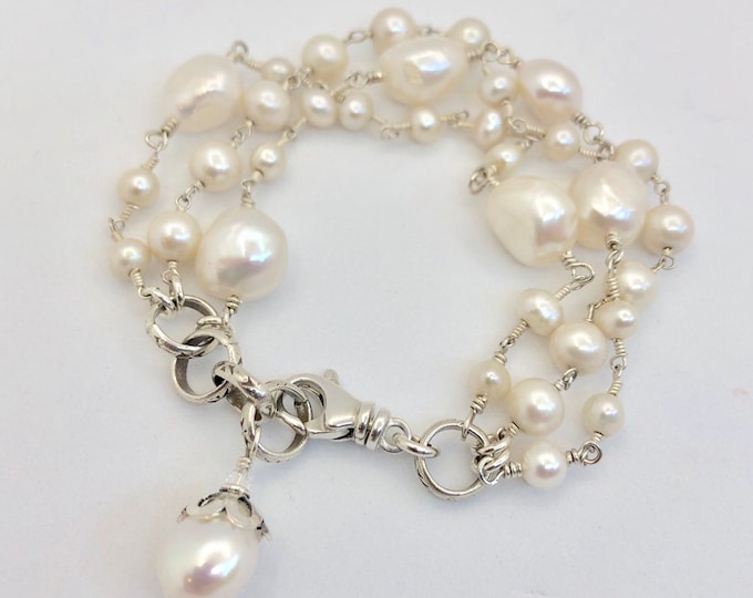 Chunky Pearl Bracelet--Wire Wrapped White Pearls