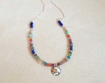 Colorful Gemstone Necklace with Hammered Silver