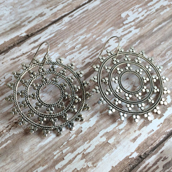 Sterling Silver Large Snowflake Mandala Earrings.  Large Boho Earrings