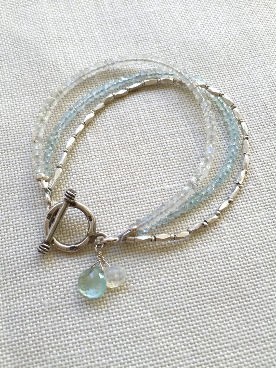Aquamarine, Moonstone and Silver Beaded Bracelet