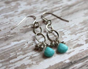 Silver and Turquoise Dangle Earrings with Pyrite Drops