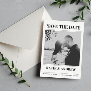 Modello Save-the-date, stile giornale, invito, invito minimalista Save-the-date con foto, biglietto Save-the-date per matrimonio Canva, modificabile