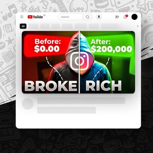 Puede incluir: Una miniatura de vídeo de YouTube con una pantalla dividida que muestra a una persona con una sudadera con capucha negra con el logotipo de Instagram en el lado derecho. El lado izquierdo es rojo y dice "Antes: $ 0.00" y el lado derecho es verde y dice "Después: $ 200.000". El texto "BROKE RICH" está debajo de la imagen.