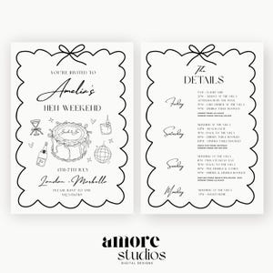 Plantilla premium de invitación e itinerario de fin de semana de despedida de soltera digital, en blanco y negro, para viaje de despedida de soltera, imprimible, plantilla de Canva.