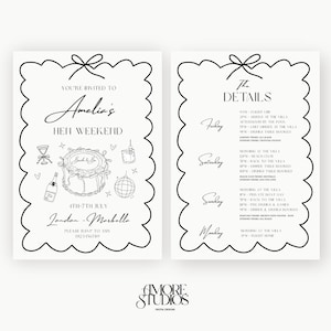 Könnte beinhalten: Eine zweiseitige Einladung mit einem gewellten Rand, mit dem Text "Amelia's Hen Weekend". Die linke Seite enthält Eventdetails, Illustrationen und den Ort "London - Marbella". Die rechte Seite listet den Zeitplan für das Wochenende auf.