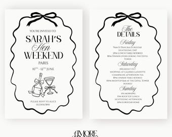 Puede incluir: Invitación en blanco y negro para un fin de semana de despedida de soltera en París. Incluye el texto "Sarah's Hen Weekend" y detalles del evento. El diseño presenta un borde decorativo e ilustraciones de una botella de champán y una copa de cóctel.