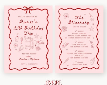 Modello di invito e itinerario per viaggio di compleanno rosa e rosso (download digitale)