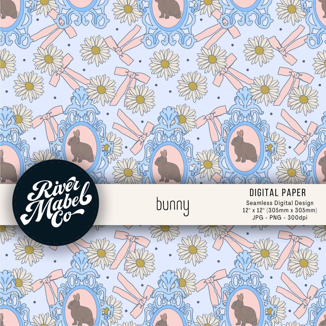 Vintage Bunny Seamless Pattern, Pastel Blue Pink Rabbit Digital Paper ...