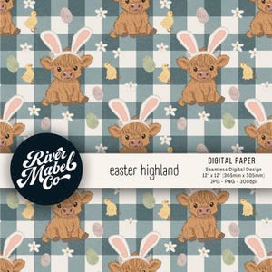 May include: Digital paper with a repeating pattern of Highland cows in bunny ears, chicks, Easter eggs, and white flowers on a blue and white checked background. The text "easter highland" is visible.