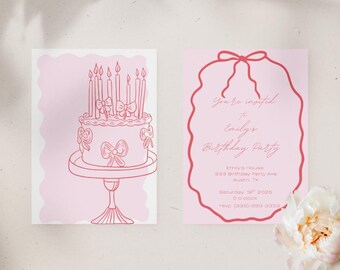 Preppy Bow Birthday Invitation: Illustrated Cake (Digital Download)