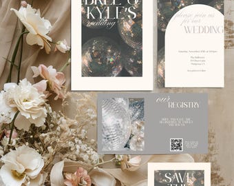 Disco Ball Wedding Invitation Suite: Customizable Canva Template (Digital Download)