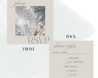 May include: A beige RSVP card with a silver disco ball image on the front. The back of the card has a section for guest names, attending or not attending, food choice, and a website to RSVP online.