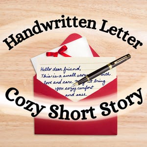 Puede incluir: Un sobre rojo con una carta manuscrita y un bolígrafo negro y dorado sobre una superficie de madera. La carta está en el sobre y tiene un lazo rojo. El texto de la imagen dice "Handwritten Letter Cozy Short Story."