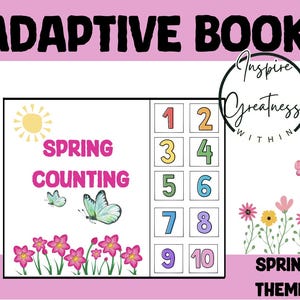 Może przedstawiać: Książka adaptacyjna o tematyce wiosennej. Na okładce napis "Spring Counting" z ilustracjami motyli, kwiatów i słońca. Książka zawiera liczby od 1 do 10 w kolorowych polach. Widoczne są również słowa "Inspire Greatness Within".