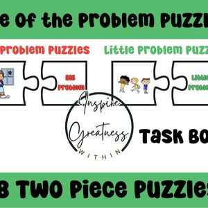 Pode incluir: Gráfico educativo com o texto "Size of the Problem Puzzles". Apresenta quebra-cabeças de duas peças que ilustram cenários de "Big Problem" e "Little Problem". A imagem inclui o texto "Inspire Greatness Within" e "Task Box!" com o texto "18 Two Piece Puzzles".